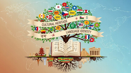 A vibrant illustration of a tree representing cultural heritage and language identity with various symbols and icons