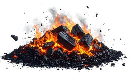 Blazing pile of charcoal, vibrant flames, smoke billowing, on white background