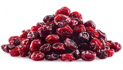Heap of dried, glossy, reddish-purple berries, against white background