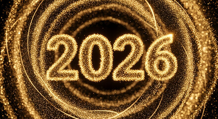 Bright glowing numbers 2026 in a swirling golden light tunnel effect