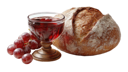 Still life of rustic bread, grapes, and a full goblet of dark red wine