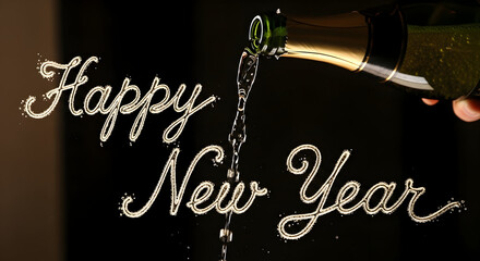 Sparkling happy new year text with champagne pouring from bottle