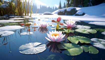 Tranquil pond with water lilies and snowy backdrop, sunlight