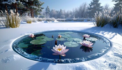 Frozen winter landscape featuring a pond with water lilies and snowy surroundings