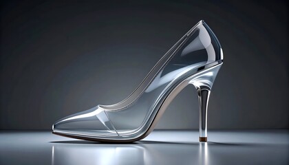 Elegant glass high heel shoe, reflecting light on a dark gray surface