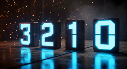 Digital countdown timer displays numbers three two one zero with glowing blue digits and bokeh lights