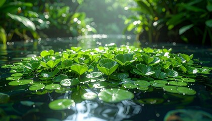 Lush green floating plants in a tranquil, sunlit pond