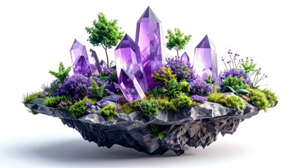 Floating island with vibrant purple crystals and lush greenery
