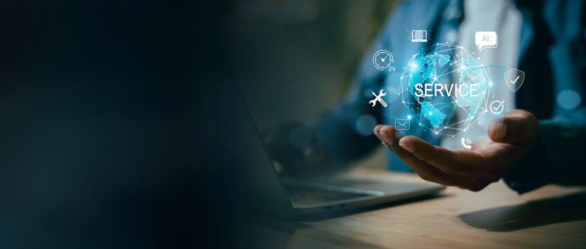 Global Customer Service and Technical Support Concept, Man Holding Digital Network Sphere with 24/7, AI, and Security Icons Over a Laptop. - Powered by Adobe