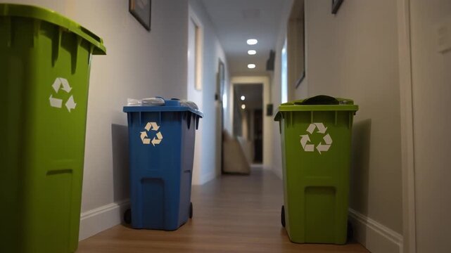 Colorful Recycling Bins in a Modern Home Hallway.