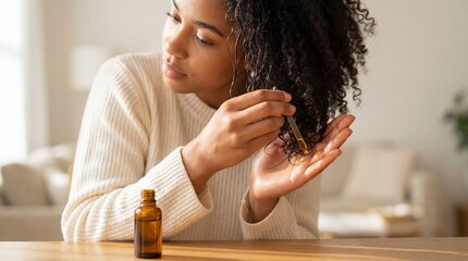 Lifestyle photograph of a young woman applying natural oil to her hair with hands, small glass bottle on table, natural slightly damp hair texture, soft blurred neutral background.