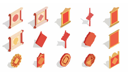 Isometric cartoon Chinese festive scroll vector icons set for holiday greetings and decorations © MDFiroj