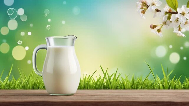 A clear glass pitcher filled with milk sits on a wood surface, with grass and flowers in the background