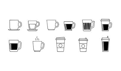 Minimal cartoon mug vector icons set with line and fill style for web interface design