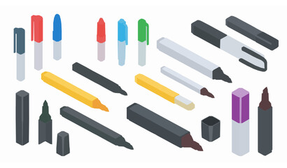 Isometric felt tip pen vector icons set with colorful marker stationery for creative apps