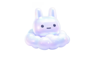 Cute 3D bunny on transparent background, pastel iridescent cartoon character sitting on fluffy cloud, kawaii sticker icon for kids design and social media

