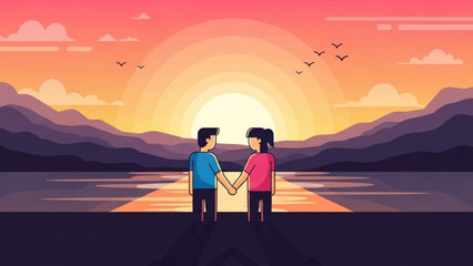 Couple holding hands watching a vibrant sunset over mountains and water romantic vector illustration for love and travel concepts