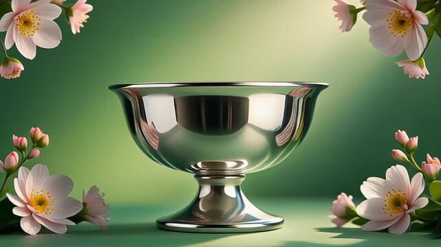 A shiny silver goblet surrounded by pastel flowers with a soft focus on a green background