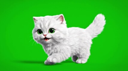A wonderfully fluffy 3D rendered cartoon white kitten with sparkling green eyes looking curious on a green screen.