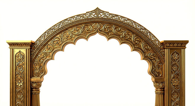 Intricately carved golden archway with elaborate floral and geometric patterns in a isolated on a transparent background