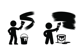 Painter silhouette with brush strokes and paint bucket illustration