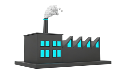 3D Render of a Modern Factory Building with Glowing Windows and Smoke