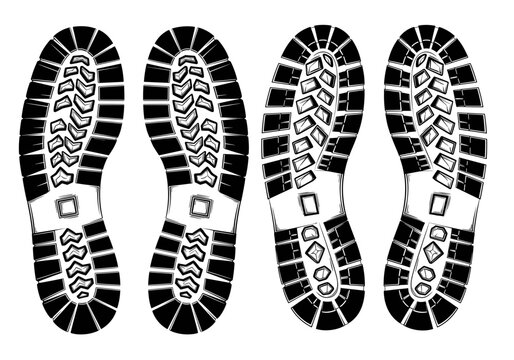 Collection of black and white shoe sole prints. Vector illustration of various boot footprint textures isolated on a white background, useful for forensic tracking or outdoor hiking themes