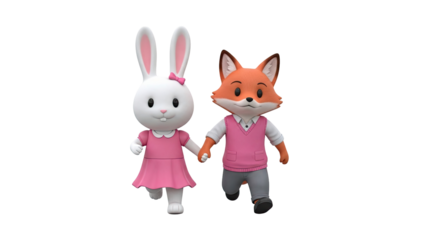 Cute 3D Rabbit and Fox Holding Hands