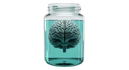 Human brain preserved in a glass jar filled with turquoise fluid, representing scientific study