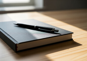 Fototapeta premium Notebook with pen on desk, minimal office setup, productivity concept.