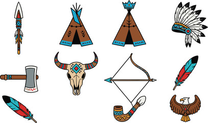 Colorful Native American cultural vector set featuring illustrations of a teepee, headdress, tomahawk, bow and arrow, eagle, peace pipe, and decorated animal skull. © Galib