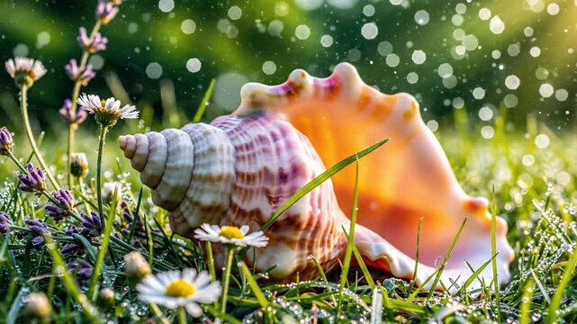 A large conch shell rests in grass, with small flowers and lavender. Bokeh highlights create a dreamy scene