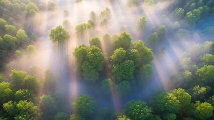 Enchanting morning mist over lush green forest with sunbeams aerial view.