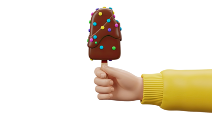 Hand holding a bitten chocolate ice cream bar with colorful sprinkles