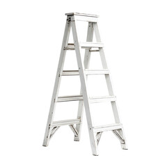 Upright A-frame ladder with steps, painted white, isolated on black ground