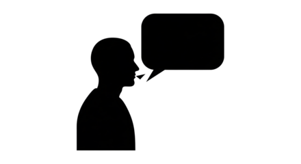 Silhouette of a man speaking with a large empty speech bubble on a white background for communication and dialogue concepts with public speaking