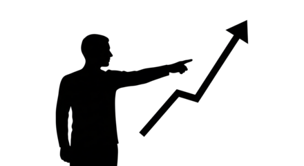 Man pointing to upward trending arrow chart indicating growth and progress in business or finance on white background with success