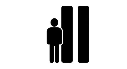 A black silhouette of a person standing next to two tall vertical bars on a white background for infographic or statistical representation