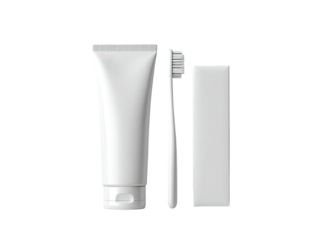 All-white, simple, basic toothbrush, toothpaste tube, & box set against a black backdrop