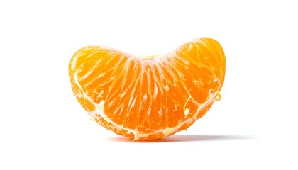 Close-up of a vibrant orange tangerine segment against white