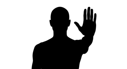 Silhouette of a man gesturing with his hand in a stopping or rejecting motion on a white background with gesture and black and shape