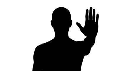 Silhouette of a man gesturing with his hand in a stopping or rejecting motion on a white background with gesture and black and shape