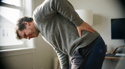 An adult sitting on the edge of a bed or sofa, elbows on knees and head lowered. Soft blurred interior background conveys quiet stress, contemplation, and emotional weight.