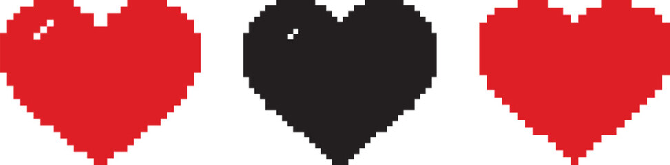 Fototapeta premium Pixel Heart Shapes in Red and Black, different red hearts in pixel art style vector, Pixel icon