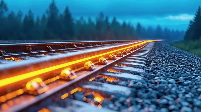 Glowing railway track at dusk with vibrant orange light illuminating metal rails and gravel, creating dynamic industrial scene with striking contrast