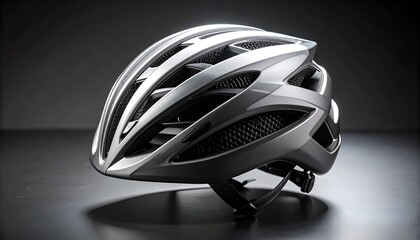 Angled shot of a modern, silver bicycle helmet on a dark surface