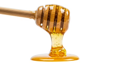Golden honey gracefully dripping from a wooden dipper, creating a sweet, luscious pool