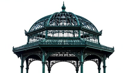 Ornate, teal-green gazebo with a domed, glass roof against white