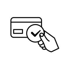 Payment icon. Hand holding out a credit card and a check mark. Economics, business, simple. Outline design style.