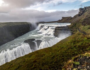 Stunning cascading water with rugged landscape under cloudy sky